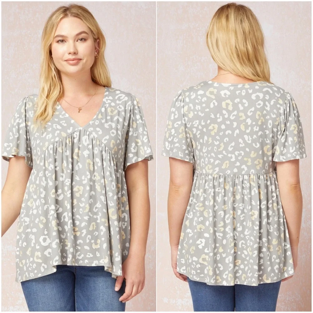 Entro Cheetah Animal Print Babydoll Top - Tan/Cream